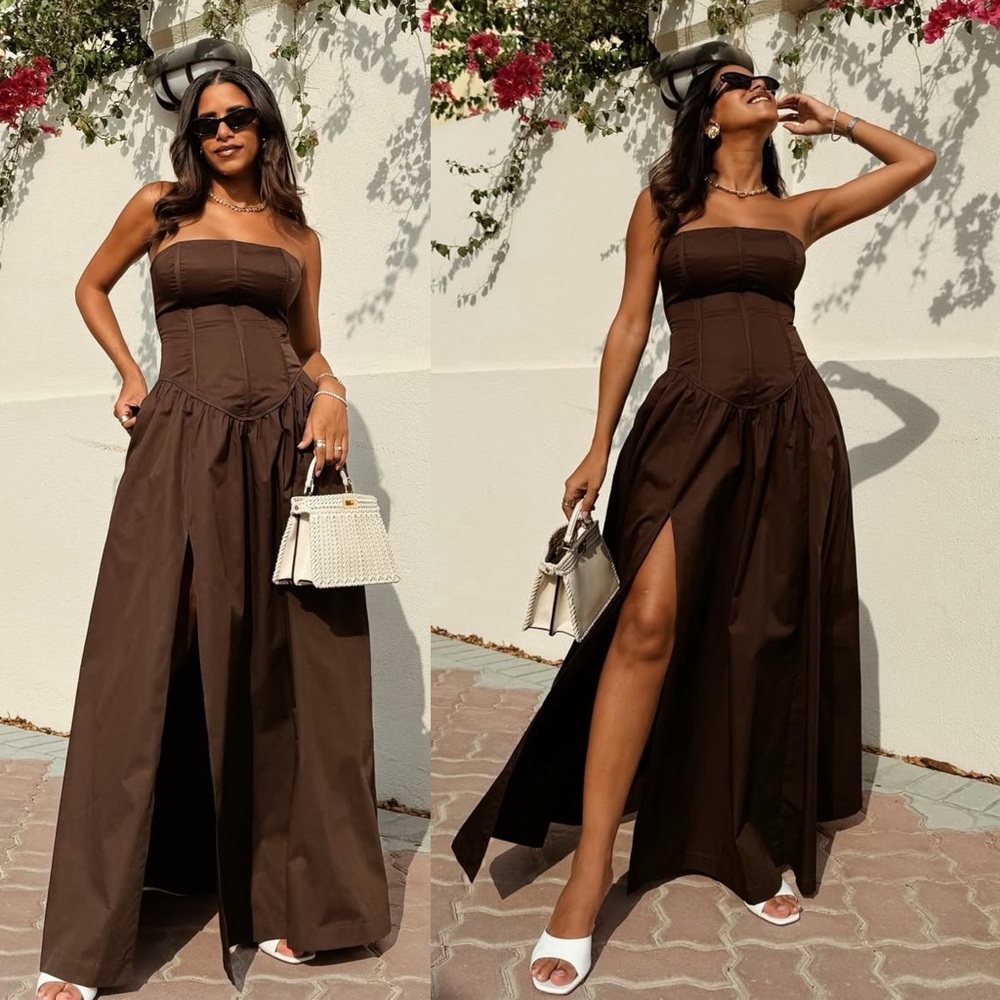 LPA Giana Strapless Boned Bodice Cotton Dress Chocolate Brown NEW with tags